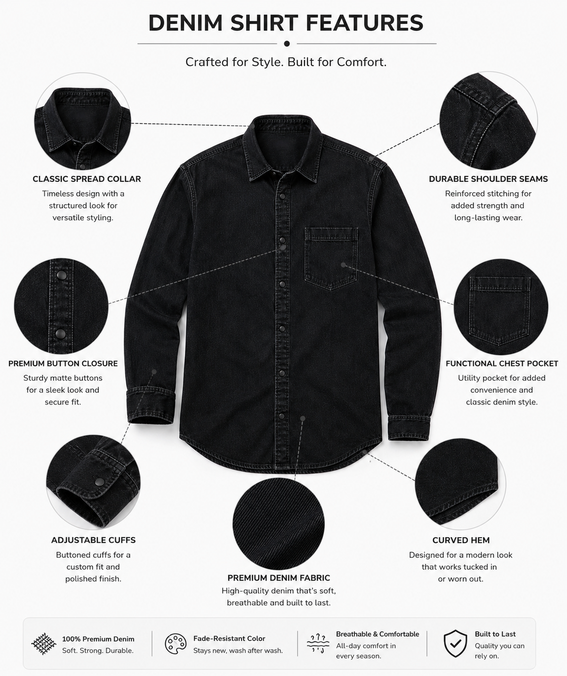 Men's Premium Black Denim Shirt | Regular Fit | Full Sleeve | Washed Cotton Denim - Image 3