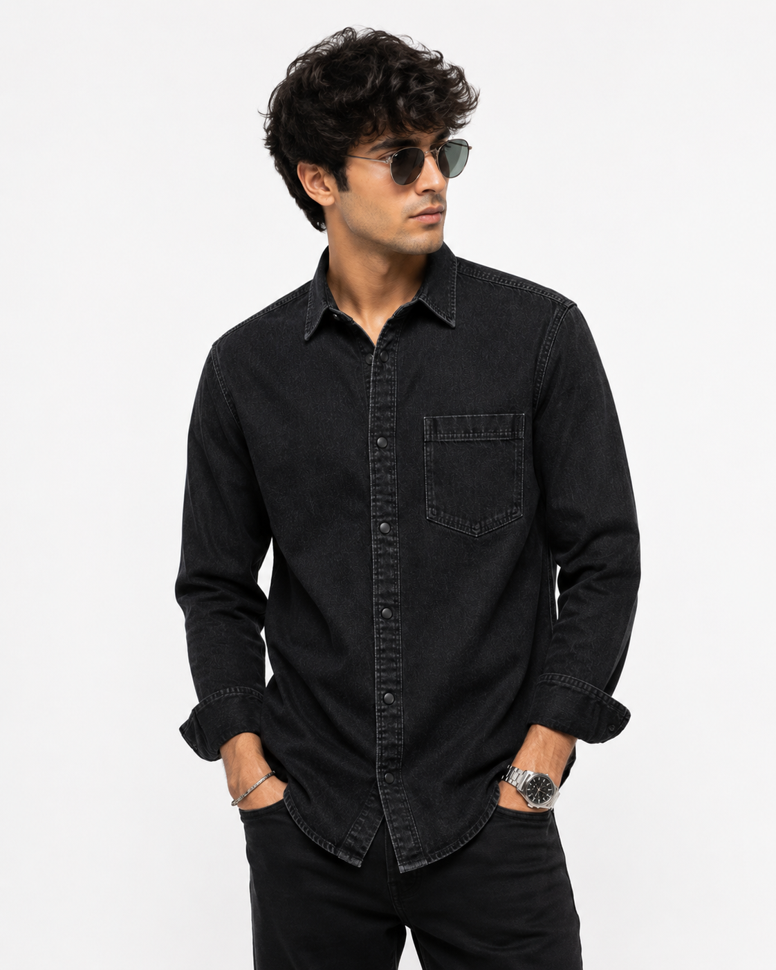 Men's Premium Black Denim Shirt | Regular Fit | Full Sleeve | Washed Cotton Denim - Image 2