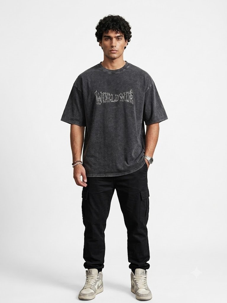 Worldwide Cargo Oversized Heavyweight T-Shirt – Vintage Black Acid Wash - Image 2