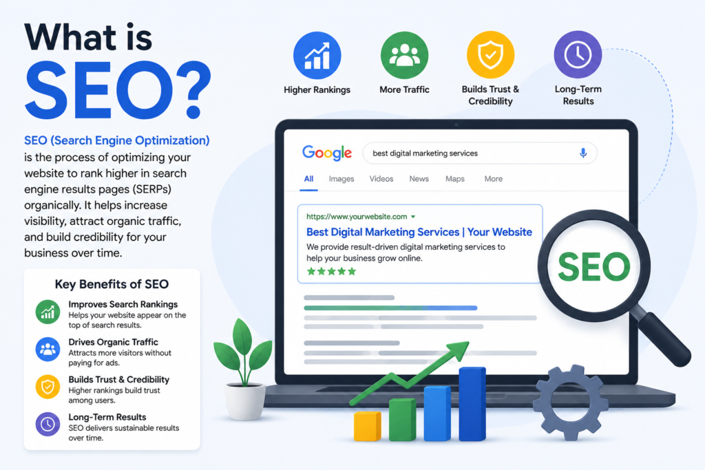 What is SEO showing how search engine optimization improves rankings, organic traffic, and website visibility