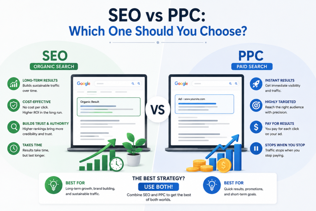 SEO vs PPC comparison showing organic search and paid search benefits